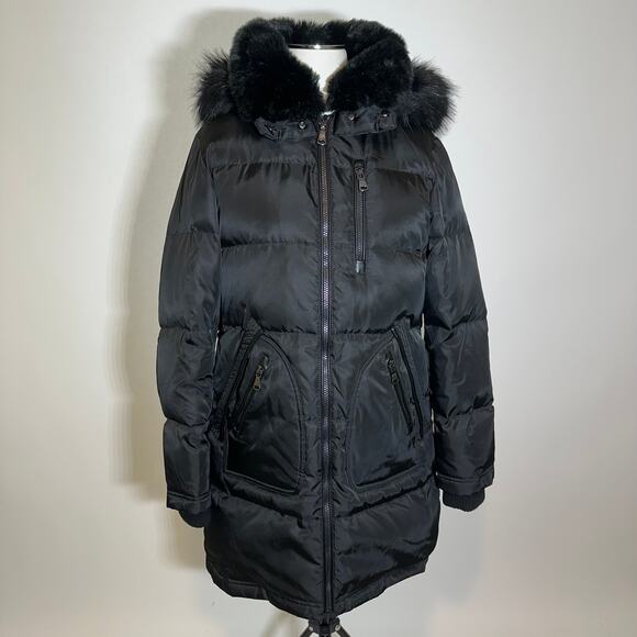 Vince Camuto Black Goose Down Puffer Coat Jacket Faux Fur Womens Size Medium M - Picture 1 of 12